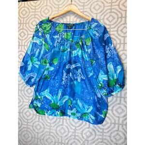 Lauren Ralph Lauren 100% silk blouse  blue green watercolor floral pattern XL‎